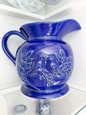 Glossy Cobalt Blue Ceramic Birds on Branches Pitcher
